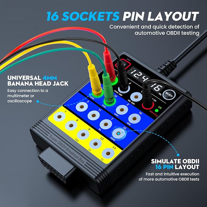 TRISCO Super OBD2 Breakout Box – 16-Pin Automotive Diagnostic Tool with Voltage Display, ECU Programming Support, CAN/K-LINE Protocol Detection