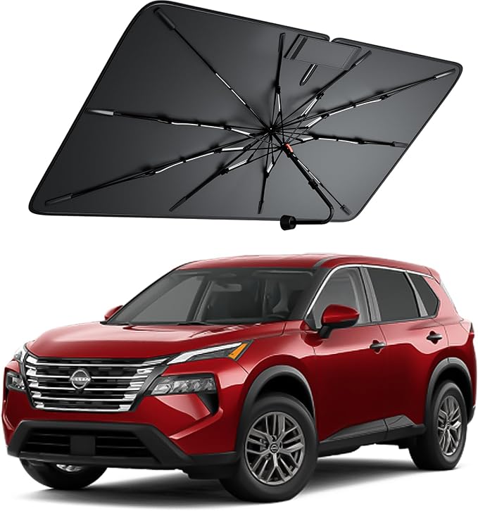 Windshield Sun Shade for Nissan Rogue 2008–2026, Foldable Umbrella Sunshade with 100% UV Block, Multi-Layer Heat Insulation, Reinforced 10-Rib Frame, Keeps Car Cooler, Summer Car Accessory
