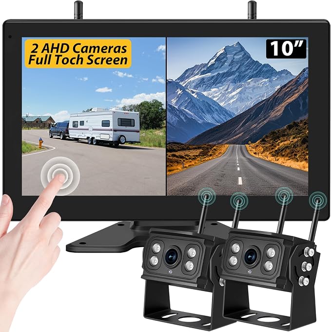 10" Wireless Backup Camera System for RV/Truck/Trailer, 4-Channel IPS Touch Screen Monitor, Dual HD 1080P IP69K Waterproof Cameras, IR Night Vision, Easy Installation for Camper & Trailer