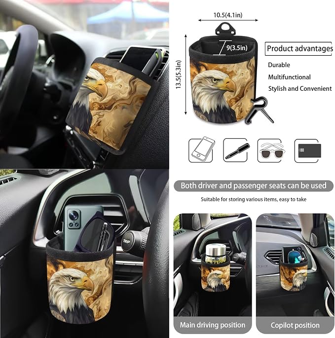 Marble Eagle Car Front Back Seat Covers Full Set with Steering Wheel Cover Safe Belt Pads Cup Coasters Garbage Cans Rear View Mirror Cover Keychain Air Vent Storage Case, Set of 15