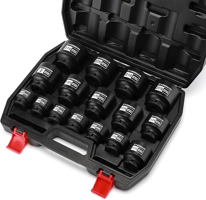 CASOMAN 16PCS 1/2" Drive Shallow Spindle Axle Nut Impact Socket Set, 6-Point, Large Socket Set, SAE(1-5/16" to 2-1/4"), CR-MO