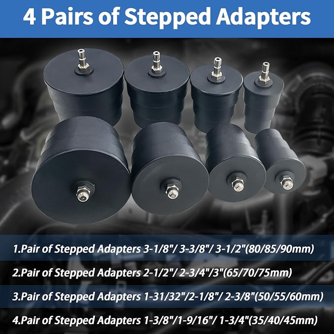 Turbo System Leakage Tester Set Turbocharger Air Pressure Leakage Tester Kit with 4 Pairs of Stepped Adapters 1-3/8" to 3-1/2" 35mm-90mm for Most Vehicles (9PCS)