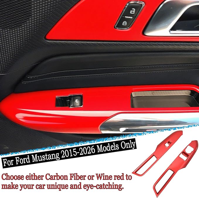 MUXEE Armrest Window Switch Panel Cover，for Ford Mustang 2015-2026，Door Window Control Panel Cover Car Sport Interior Accessories - Wine Red