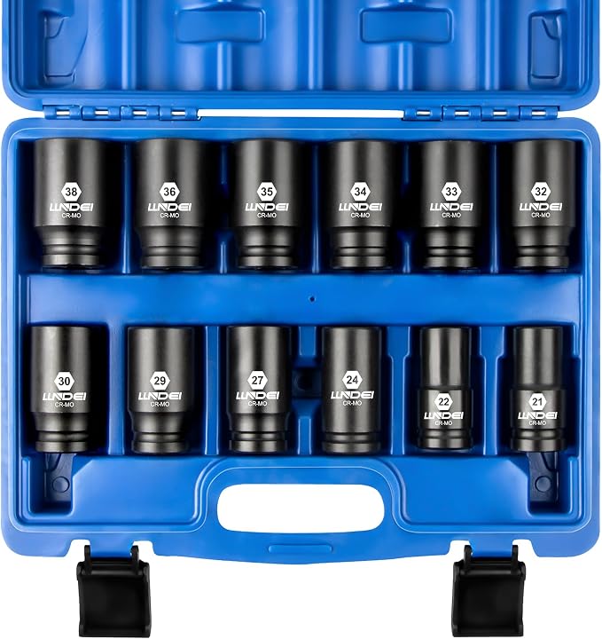 LLNDEI 3/4 inch Drive Impact Socket Set, 12 Piece Heavy Duty CR-MO Deep/Jumbo Sockets 6 Point Design, Metric 21mm-38mm, for Large Vehicle and Apparatus Maintenance