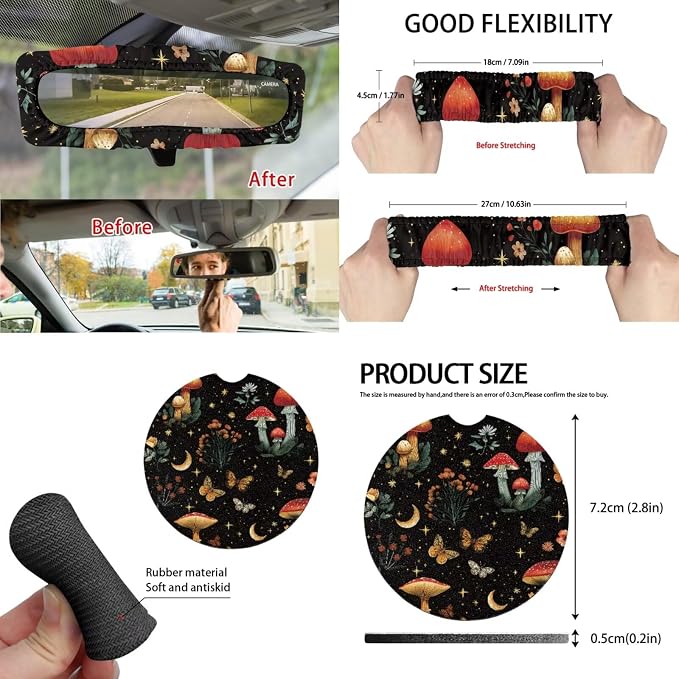 Moon Mushroom Car Seat Covers Set of 15 with Universal Steering Wheel Cover, Rearview Mirror Cover, Car Trash Can, Seatbelt Pads, Cup Holder Coasters, Keychains