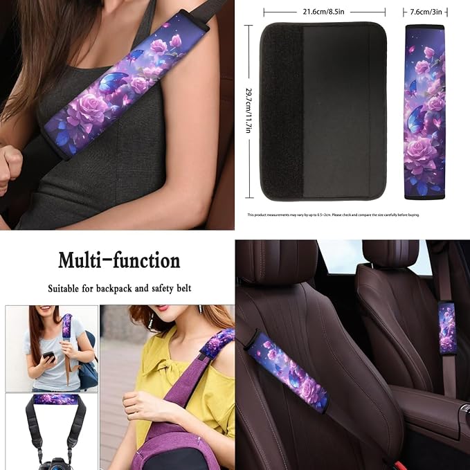 Beautiful Butterfly Roses Car Seat Cover Full Set for Women, with Car Steering Wheel Cover Auto Center Console Pad Seat Belt Pads, Automotive Interior Accessories Set of 8