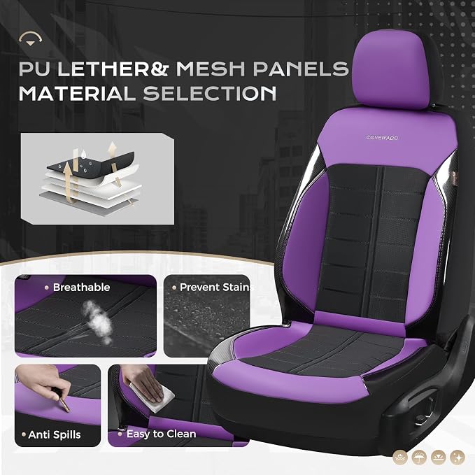 Coverado Air Mesh Seat Cover, Car Seat Cover Full Set, 3D Breathable Seat Protectors Sports Carbon Fiber Design Airbag Compatible Comfort Universal for Most Cars, Van,Trucks, SUV, Black&Purple