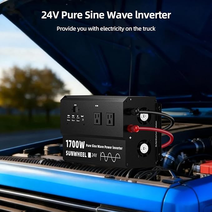 SUNWHEEL 1700W 24V Pure Sine Wave Inverter, 24V DC to 110V/120V AC Power Inverter for RV、Off Grid、Truck、Power Outage with 4 AC outlets and LCD Display