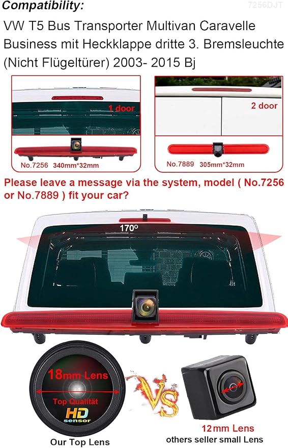 Caros HD 1280x720 Pixels 1000 TV Lines 3rd Brake Light Reversing Camera lamp Parking Replacement for VW T5 Bus Transporter Multivan Caravelle Business with Tailgate Third 2003-2015 Bj