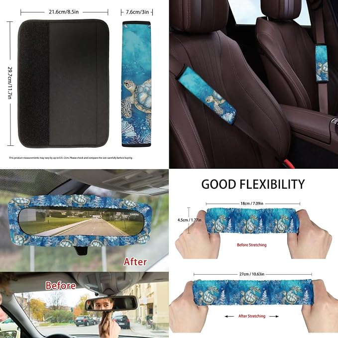 Suobstales Turtle Water Plants Print Car Accessories Car Seats Cover Protector, Steering Wheel Covers, Seatbelt Cover, Car Trash Can, Cup Coasters, Rearview Mirror Cover, Keychains, Pack of 13