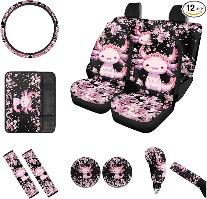 12 Pcs Axolotl Cherry Blossom Seat Covers Full Set with Car Seat Belt Pads, Armrest, Hand Brake, Gear Shift Knob Covers