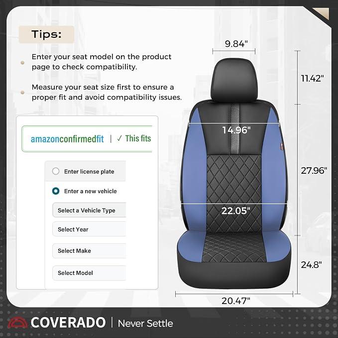 Coverado Car Seat Covers Front Pair, Automotive Leather Seat Covers for Car，Universal Fit Front Back Seat Cover, Non-Slip Waterproof Breathable Car Seat Protector