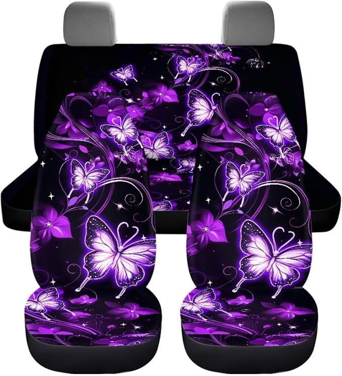 Butterfly Car Seat Covers and Accessories for Women 4 Seat Cushion Cover+1 Steering Wheel Cover+2 Safety Seatbelt Pad+2 Car Coasters+1 Shift Knob Cover and 1 Handbrake Cover, 11 Pack