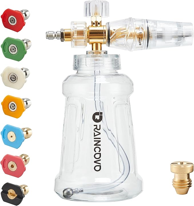 Raincovo Pressure Washer Foam Cannon, Stainless Steel Filter, Adjustable Nozzle with M22 and 1/4 Inch Quick Connect, with 7 Nozzle Tips 3.0GPM, 1/4 Inch Quick Connector
