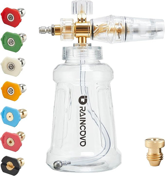 Raincovo Pressure Washer Foam Cannon, Stainless Steel Filter, Adjustable Nozzle with M22 and 1/4 Inch Quick Connect, with 7 Nozzle Tips 3.0GPM, 1/4 Inch Quick Connector