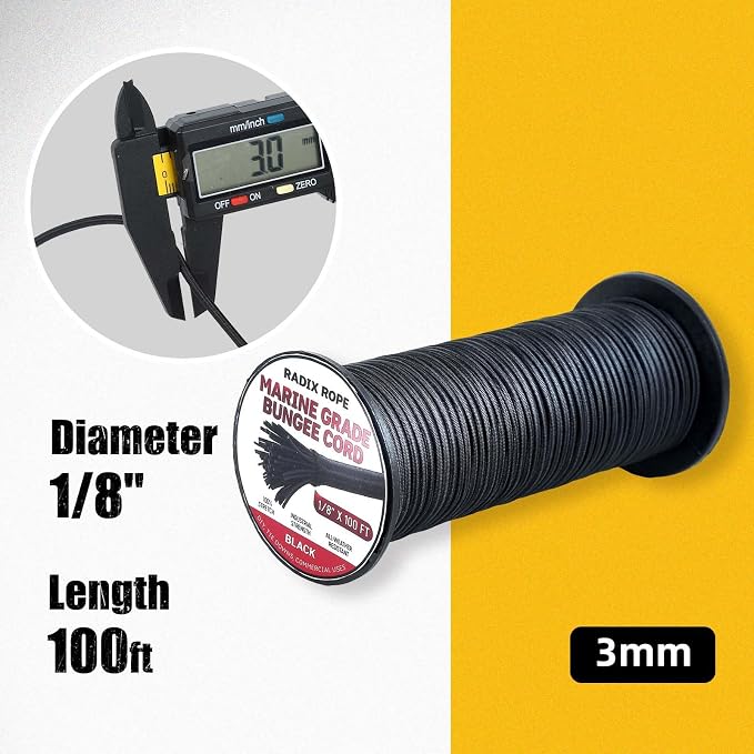 Marine Grade Bungee Cords Heavy Duty Outdoor - 1/8" x 100ft Bungee Cord Roll - 100% Stretch Elastic Cord and Absorbent Bungee Shock Cord for Kayak Deck, Camping, Crafting