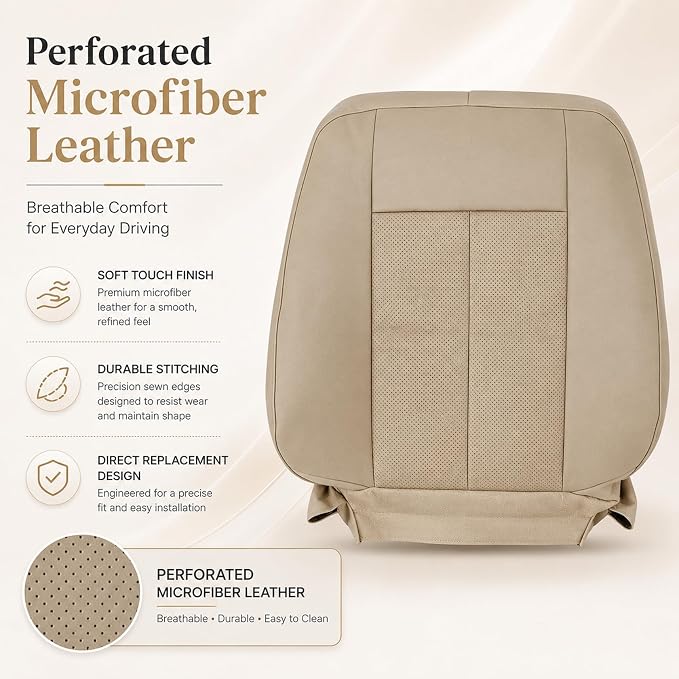 FZJDSD Tan Driver & Passenger Bottom & Top Lean Back Replacement Perforated Microfiber Leather Seat Covers Compatible with Ford Expedition 2007 2008 2009 2010 2011 2012 2013 2014