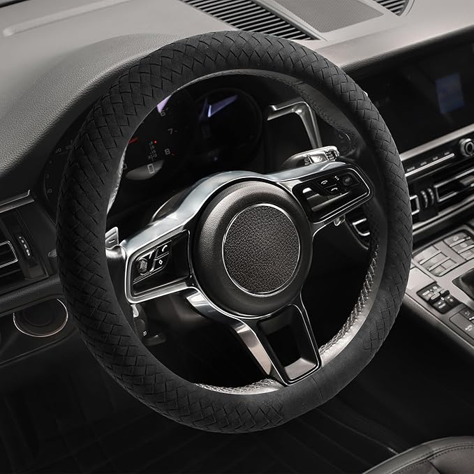 Suede Steering Wheel Cover with Upgraded Silicone Inner Ring, Breathable, Anti-Slip, Leather Universal 14.5 to 15 Inch Steering Wheel Cover (Black with Handwoven Craft)