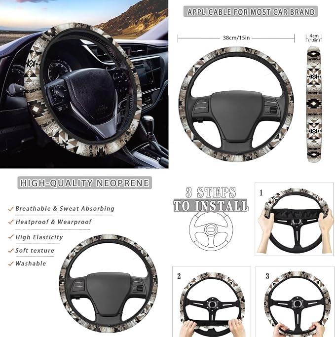 Wanyint Southwestern Aztec Brown Car Seat Cover Full Set for Women Men, with Cup Coasters Steering Wheel Protector Handbrake Gear Shift Knob Headrest Cover Auto Decor, Set of 11