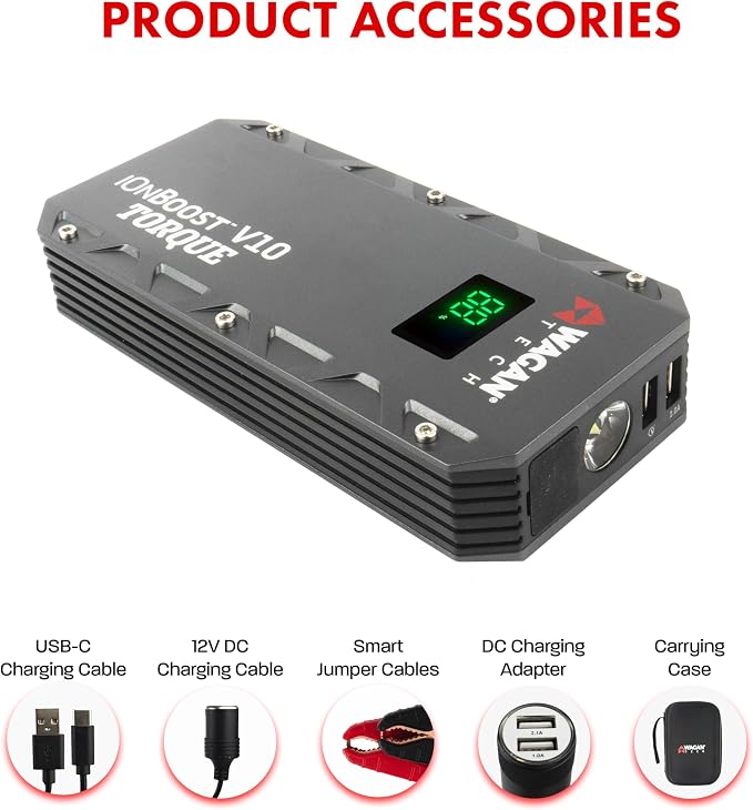 Wagan EL7507 Jump Starter iOnBoost V10 Torque 1000Amp Peak 12V Portable Lithium Car Battery Up to 7.8L V10 or 6.7L Diesel, 12V Jump Pack with Built-in LED Bright Light, UL Certified
