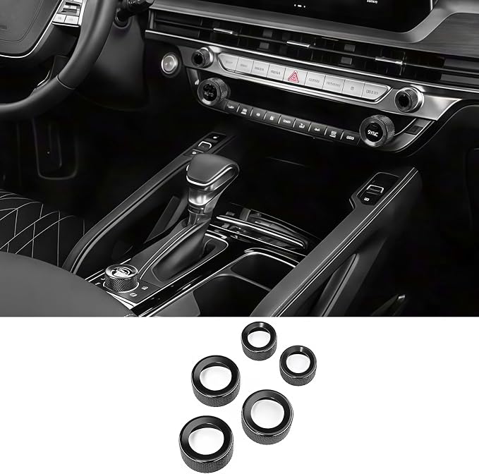 5PCS Aluminum Car Drive Mode Gear Shift Switch Cover,Radio Audio Volume Adjustment Knob Cover,AC Switch Button Knob Cover Compatible with Kia Telluride 2020-2025 Accessories (Black)