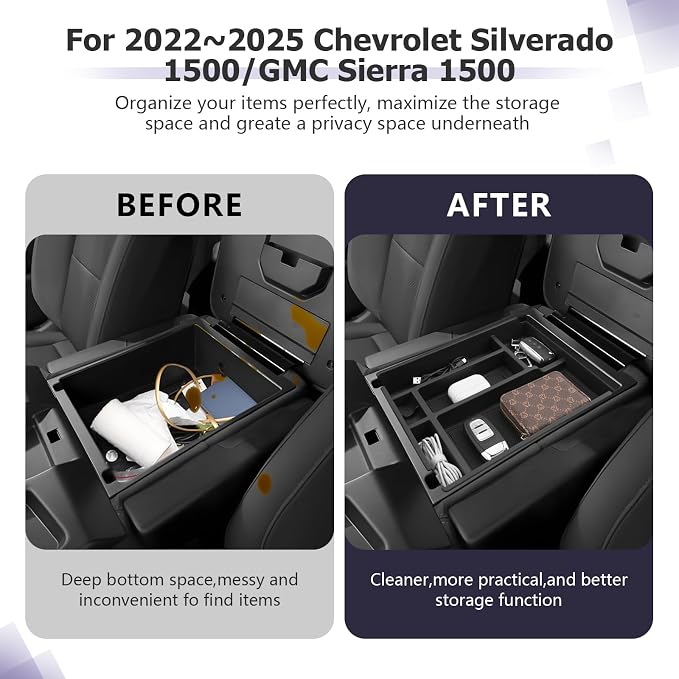 LUWU Center Console Organizer Compatible with 2019-2022 2023 2024 2025 2026 Chevy Silverado/GMC Sierra 1500 & 2020-2025 2026 Chevrolet Silverado/Sierra 2500HD 3500HD 1PC (Split-Bench Folding Seat)