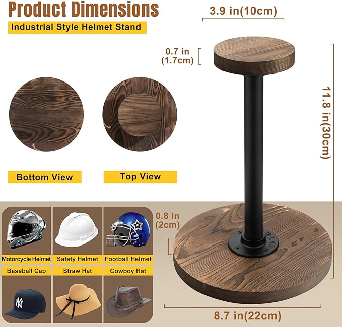 motofans® Industrial Style Helmet Stand, Rustic Burnt Solid Wood and Black Metal Pipe Cap and Wig Display Stand(1pcs)