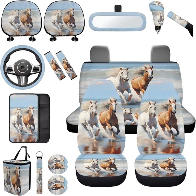 Horse Car Seat Covers Full Set for Women Man,Universal Car Accessories with Back Seat Trash Can Headrest Covers Seat Belt Cover Pad,Elastic Steering Wheel Cover Fit Most Car Truck SUV Van