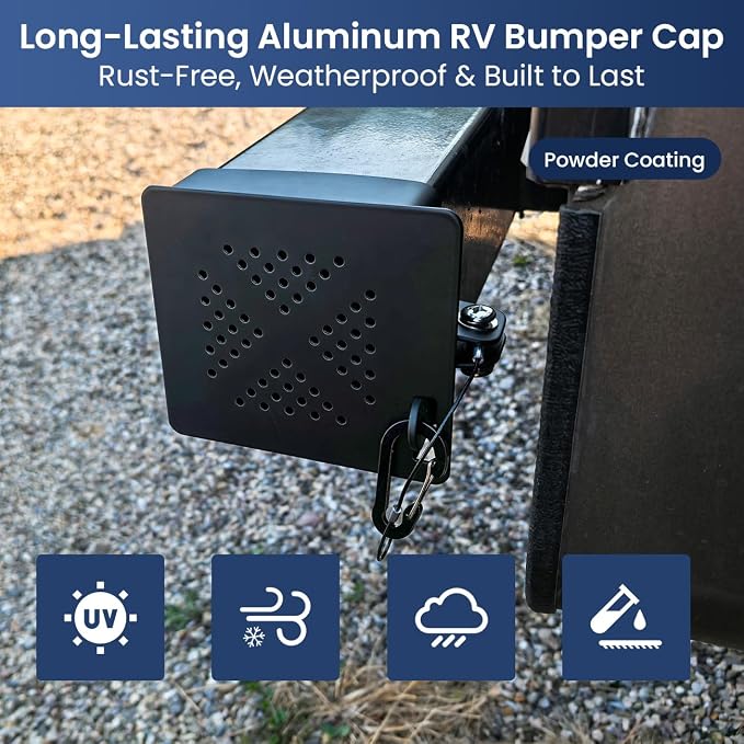Safoner Aluminum RV Bumper End Cap- Fits Standard 4-Inch Square Camper Bumpers, No-Insect Vent Holes, Secure Sewer Hose Storage, Must-Have Travel Trailer Accessories - 2 Pack