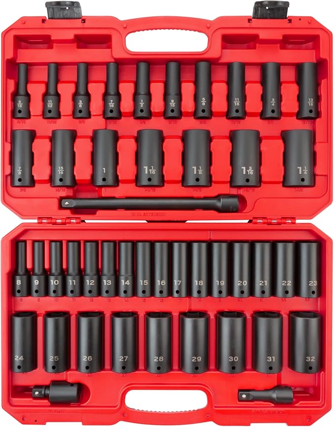 TEKTON 1/2 Inch Drive Deep 6-Point Impact Socket Set with Case, 45-Piece (5/16-1-1/4 in., 8-32 mm) | SID92404