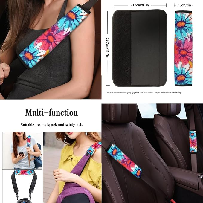 Boho Cosmos 13 Piece Car Seat Covers Hippy Rainbow Cosmos Flower Painting Steering Wheel Cover Pink Gradient Daisy Flower Cup Coasters Seat Belt Pads Cover