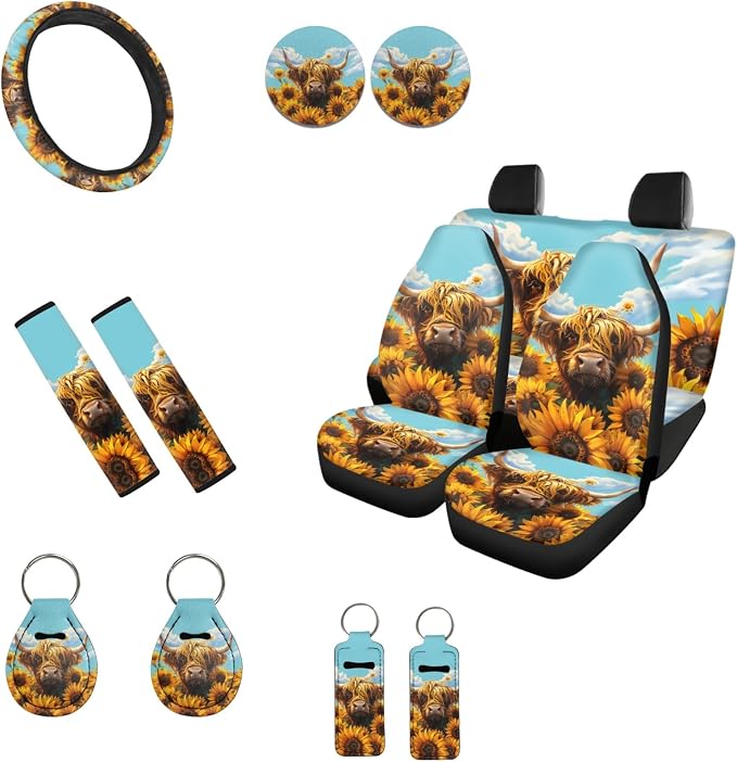 INSTANTARTS Aesthetic Sunflower Highland Cow 13 Piece Auto Accessories Auto Front and Rear Seat Covers Seat Belt Covers Steering Wheel Covers Coasters Keychains Lipstick Covers
