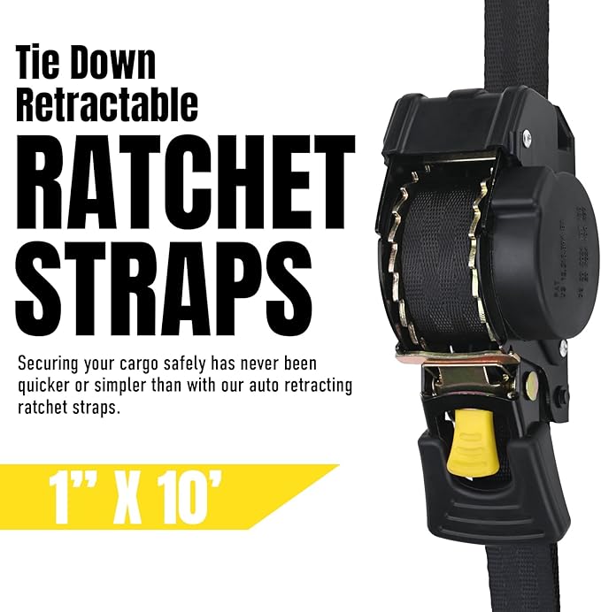 Stay There Retractable Ratchet Straps (4-Pack) - 1 Inch x 10 Feet (1800lb Break Strength) - Heavy Duty Auto Self Retracting Tie Down Straps for Truck, Cargo Trailer, Motorcycle & More - Black