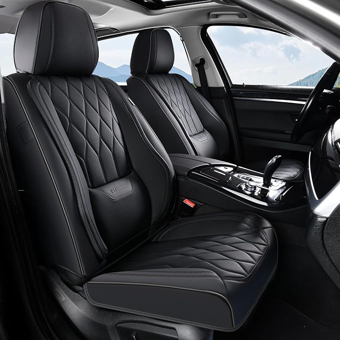 FLORICH Leather Seat Covers Full Set with Lumbar Support Black Car Seat Cover Waterproof Car Seat Cushion 5 Seats Full Coverage Seat Protector Universal Fit for Most Cars Sedans Trucks SUV, Black