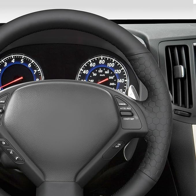 MEWANT Hand Sew Black Solid Embossed Artificial Leather Steering Wheel Cover for Infiniti G25 G35 G37 EX35 EX37 Q60 QX50