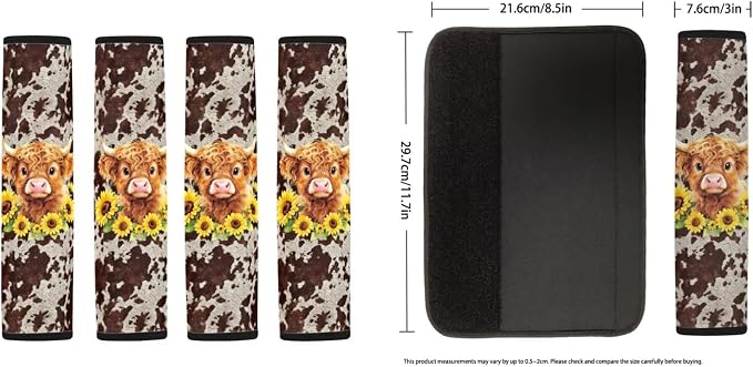 Sunflower Printed Car Seat Cover Full Set with Steering Whell Cover Seatbelt Cover Highland Cow Print Auto Seat Protector Universal Auto Interior Accessories, Brown