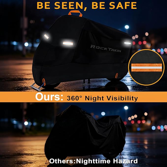 ROCKTAKIN 300D Heavy Duty Motorcycle Cover, Waterproof All Season Outdoor Protection with 4 Reflective Strips & Lock Holes, Fits Most Cruisers, Touring Bikes and Scooters up to 104"