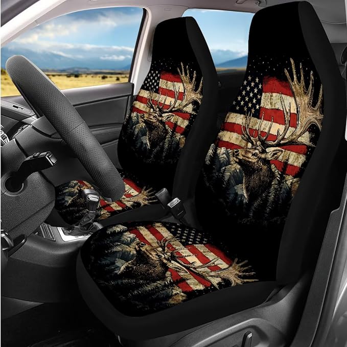 BIGCARJOB American Flag Seat Covers Full Set for Car Universal Auto Front Rear Seat Protector 12 Pcs Elk Steering Wheel Covers,Armrest Pads,Seat Belt Pads