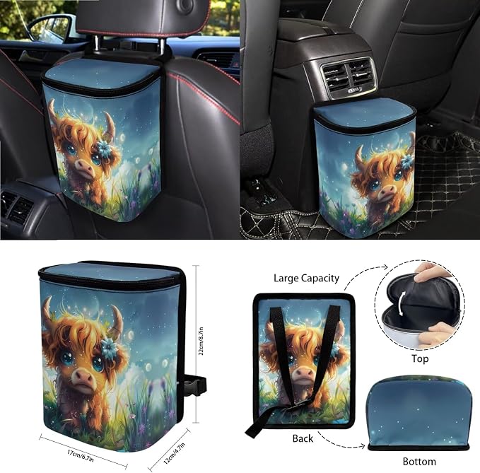 Wanyint Cute Highland Cow 15 PCS Car Seat Cover Full Set, with Steering Wheel Cover Seat Belt Covers Trash Can Air Vent Phone Holder Rear View Mirror Cover Coasters Key Chain Car Interior Accessories