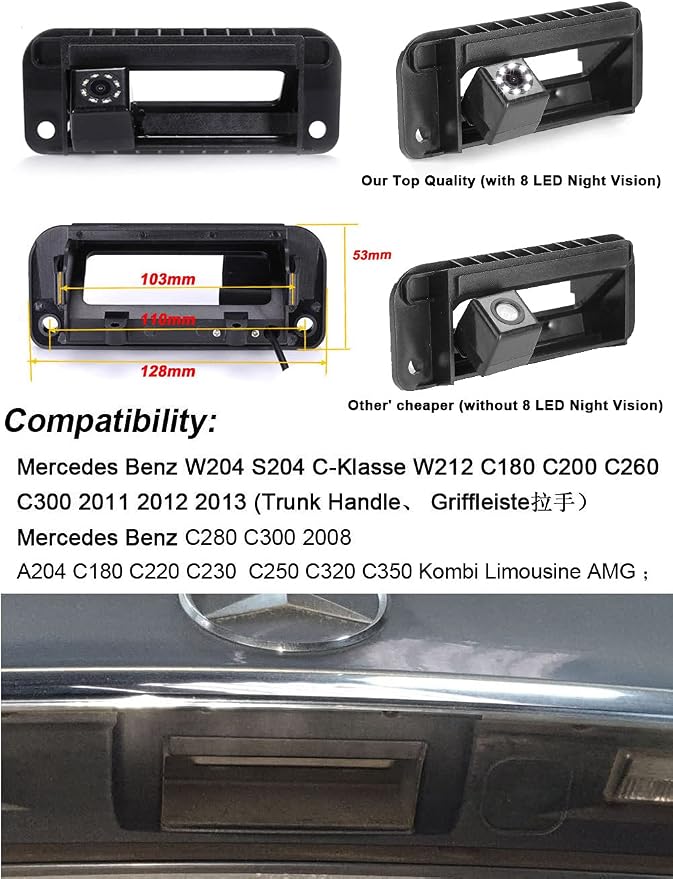 8LED 1280x720 Pixel car Rear View Backup Camera Reverse Parking Camera Replacement for Mercedes Benz W204 S204 C Class W212 C180 C200 C260 C300 Waterproof Night Vision