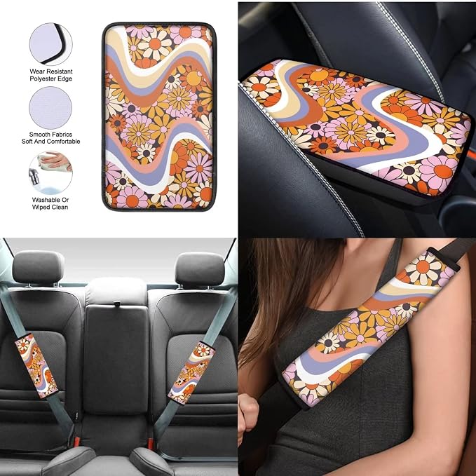 Mumeson Hippie Flower Car Seat Covers for Womens Car Steering Wheel Cover + Seat Belt Strap Pads Shoulder Pad + Armrest Cushion for Car 8 Pack Set Car Accessories Decor for Womens