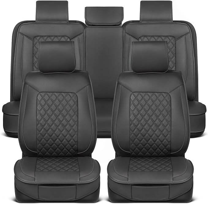 MotorBox Prestige Edition Napa Leather Car Seat Covers Full Set, Open Sides Leather Seat Covers, Premium PU Leatherette Black & Gray Seat Covers for Cars Trucks SUVs, Front and Rear Seat Cover Set