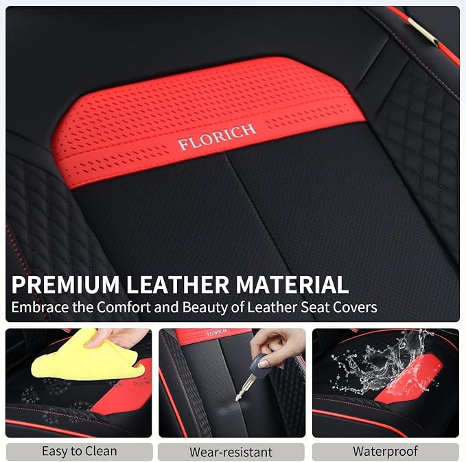 FLORICH Car Seat Cover Full Seats with Waterproof Leather, Car Seat Protectors with Storage Pocket, Airbag Compatible, Universal Seat Cover Fit for SUV, Sedan, Vans, Trucks- Black&Red Line