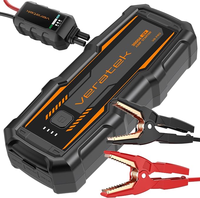 ReelCharge - Veratek V8 Pro 3000A Car Battery Jump Starter Portable (8.0L Gas & 6.0L Diesel) – 12V Lithium Battery Booster Pack with SmartCharge Safety, Jumper Cables, 20000mAh Power Bank, Jump Box.