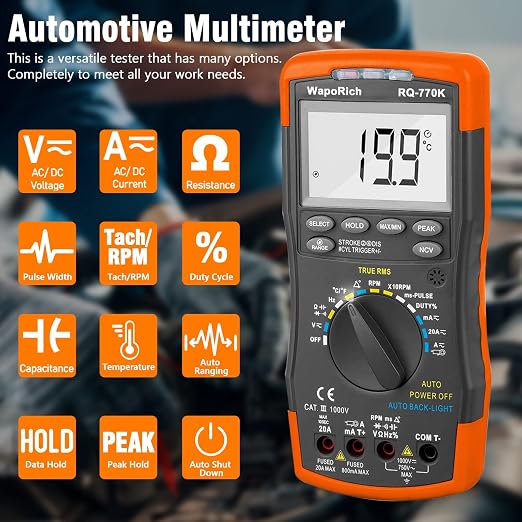 Digital Multimeter RQ-770K Automotive AC/DC Dwell Multimeter TRMS 6000 Counts +RQ-705ASignal Pick-up Inductive Clamp Tach 600 RPM ~ 12000 RPM +RQ-605A AC/DC 600A Clamp-on Current Probe Amp Adapter
