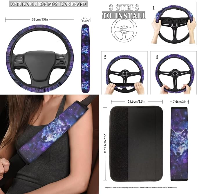 Poceacles Wolf Galaxy Butterfly Car Front Rear Seat Covers Full Set 13 PCS, with Steering Wheel Cover Seat Belt Covers Coasters Keychains Lip Balm Holder Tissue Case for Women Auto Accessories