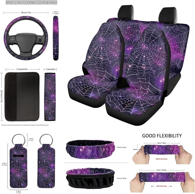 Halloween Galaxy Spider Web Car Seat Covers Set for Front Rear Seats,14Pcs Halloween Theme Car Steering Wheel Cover,Seatbelt,Keychain,Car Interior Mirror Covers,Vehicle Coaster,Univesal Fit