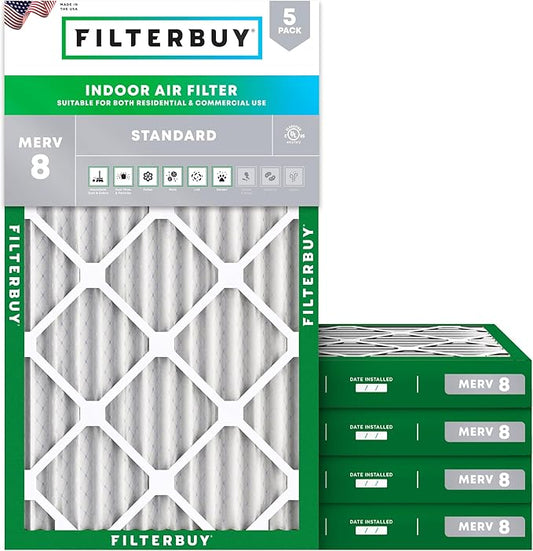 Filterbuy 12x24x2 Air Filter MERV 8 Essential Dust & Allergy Defense (5-Pack), Electrostatic Pleated HVAC AC Furnace Filters Replacement (Actual Size: 11.38 x 23.38 x 1.75)