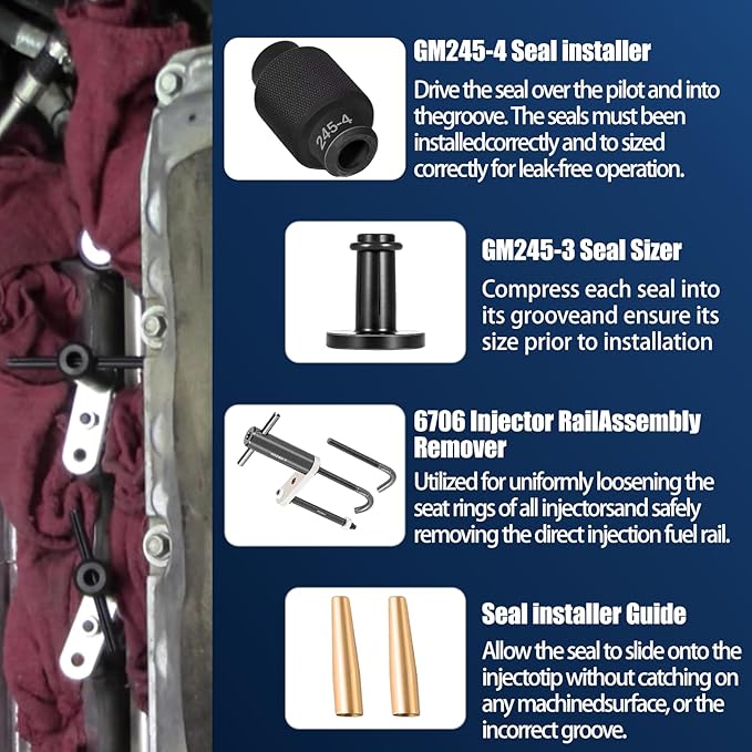 EN-49248 Fuel Injector Puller Kit & GM245 Fuel Injector Seals Tools - Fuel Rail Assembly Remover and Injector Installation Tool Set for GM Vehicles, Compatible with LS/LT Engines