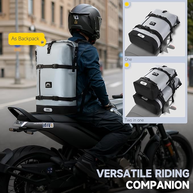 Motorcycle Tail Bag, 30L Waterproof Motorcycle Luggage Bag | 2 Size and 3 Color Options Saddle Bag, PVC Travel Bag, Rear Seat Bag, Stone Grey GT-30GRY